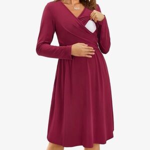 Long Sleeve Burgundy Wrap Breastfeeding Maternity Dress